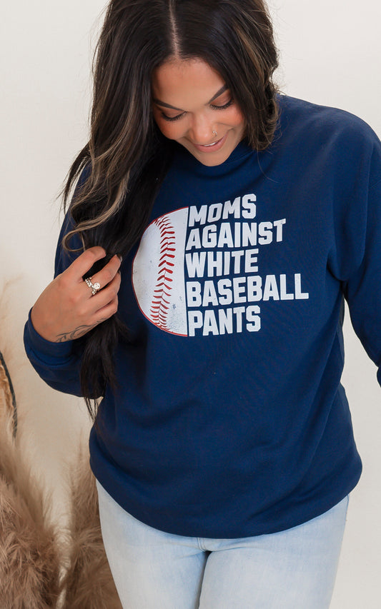 Moms Against White Baseball Pants Graphic Crewneck Sweatshirt