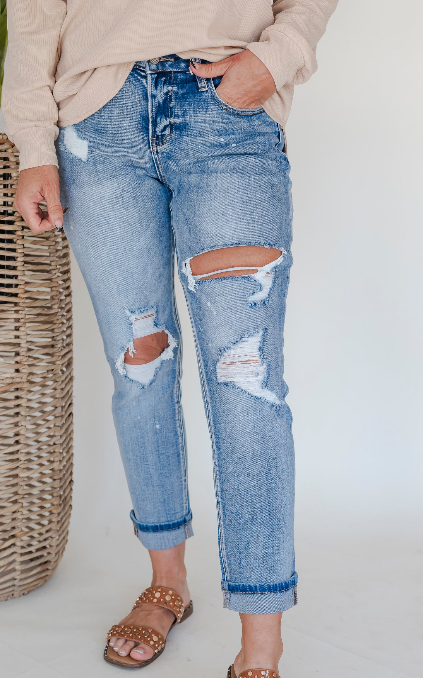 VERVET | Glamourous High Rise Cuffed Distressed Paint Boyfriend Denim Jeans