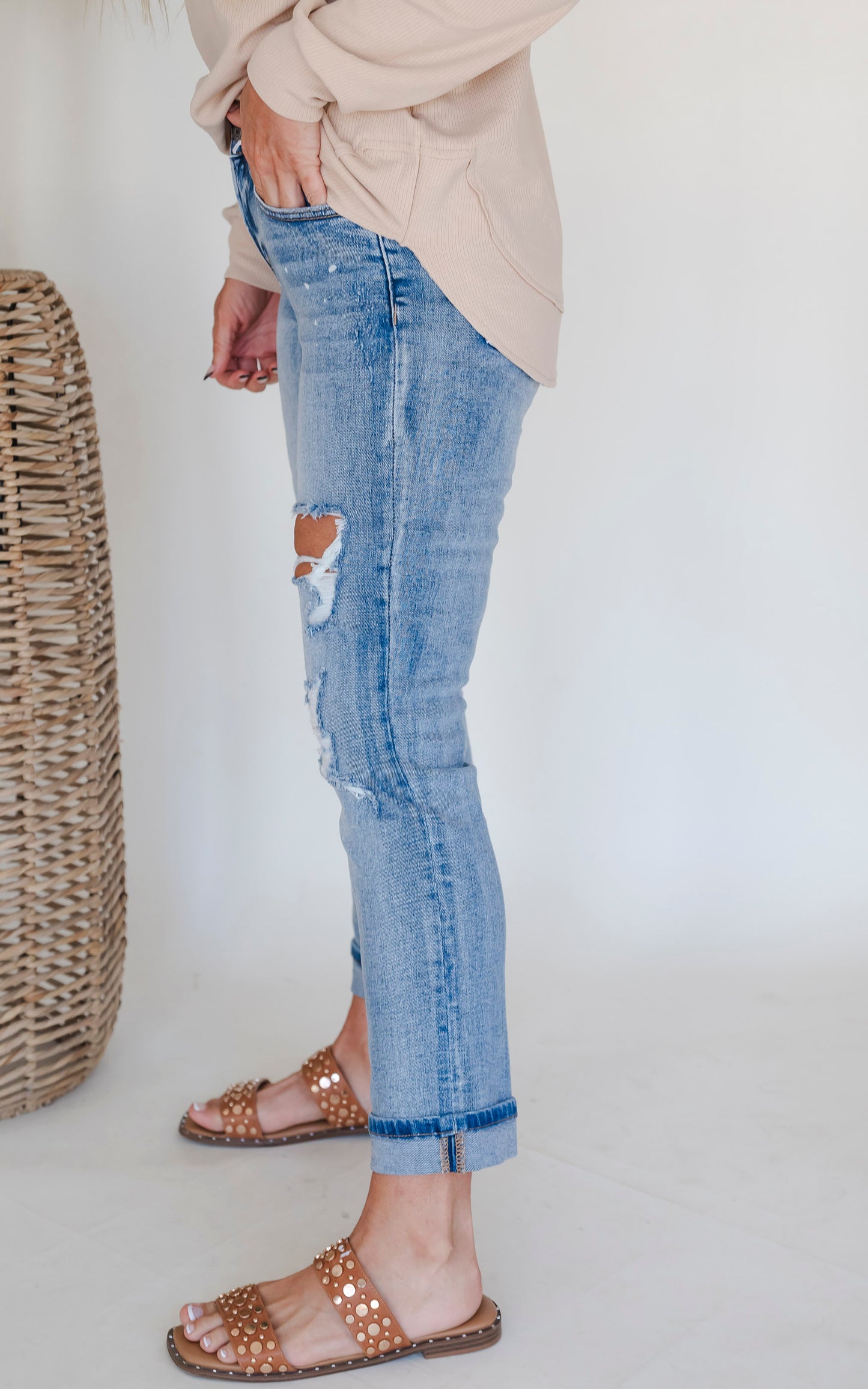 VERVET | Glamourous High Rise Cuffed Distressed Paint Boyfriend Denim Jeans