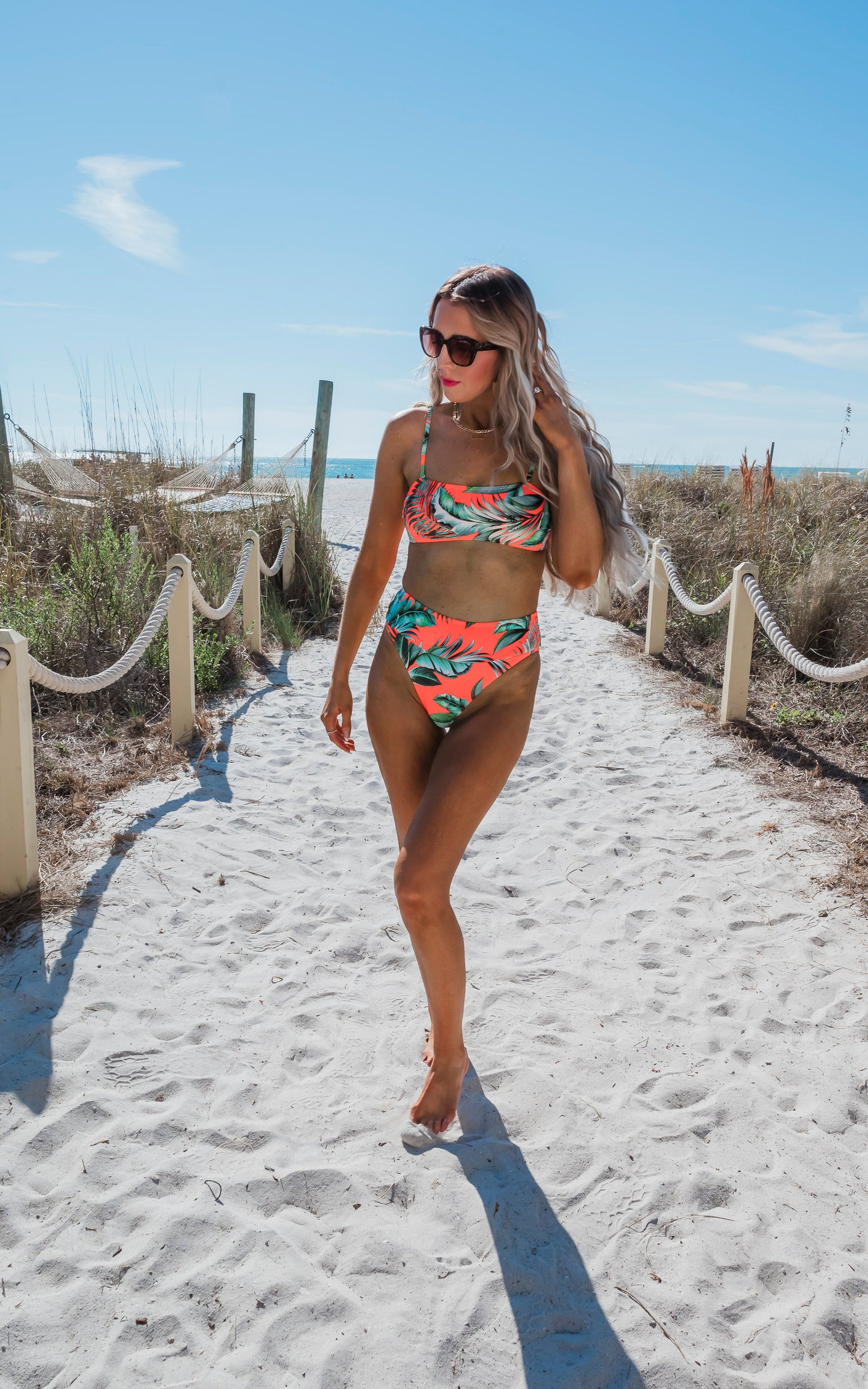 Neon Orange Tropical Bandeau Bikini Swim Set (TOP & BOTTOM)