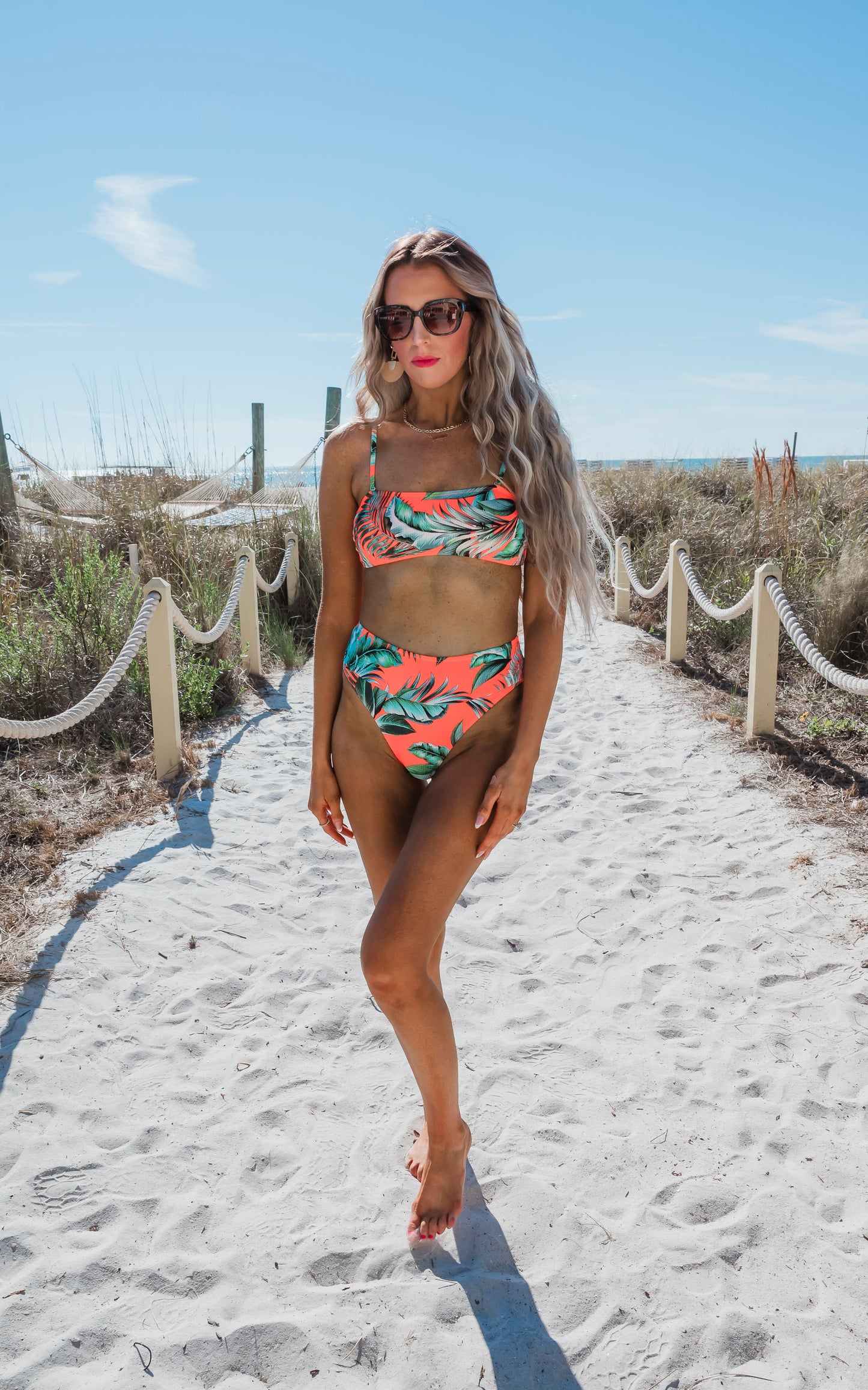 Neon Orange Tropical Bandeau Bikini Swim Set (TOP & BOTTOM)