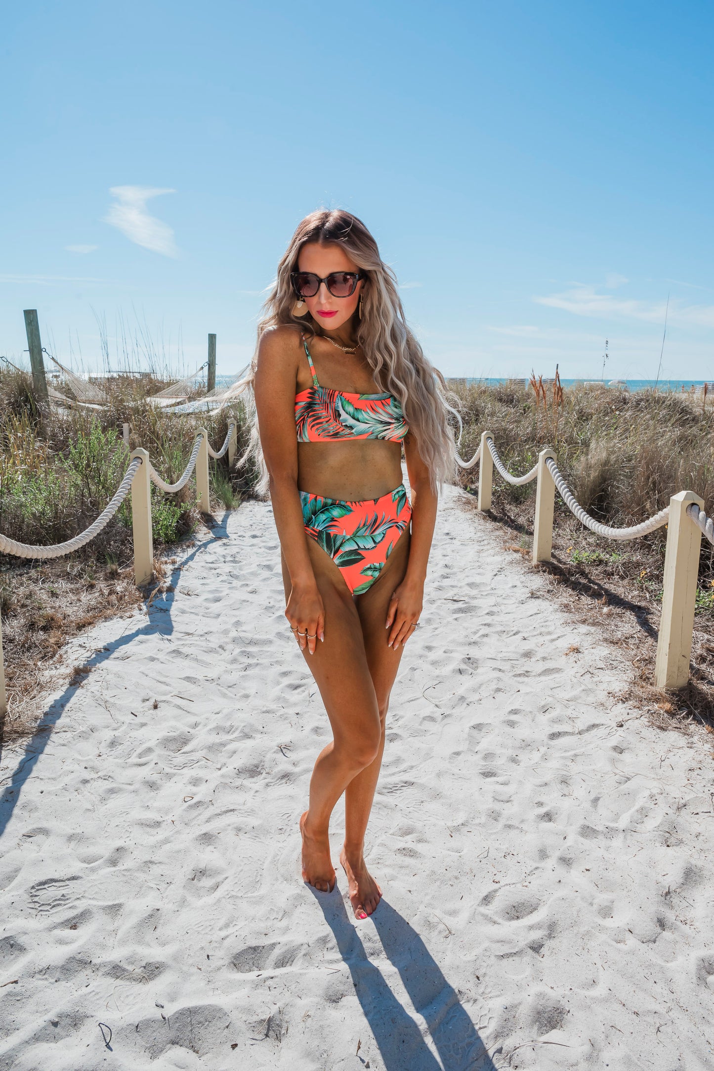 Neon Orange Tropical Bandeau Bikini Swim Set (TOP & BOTTOM)