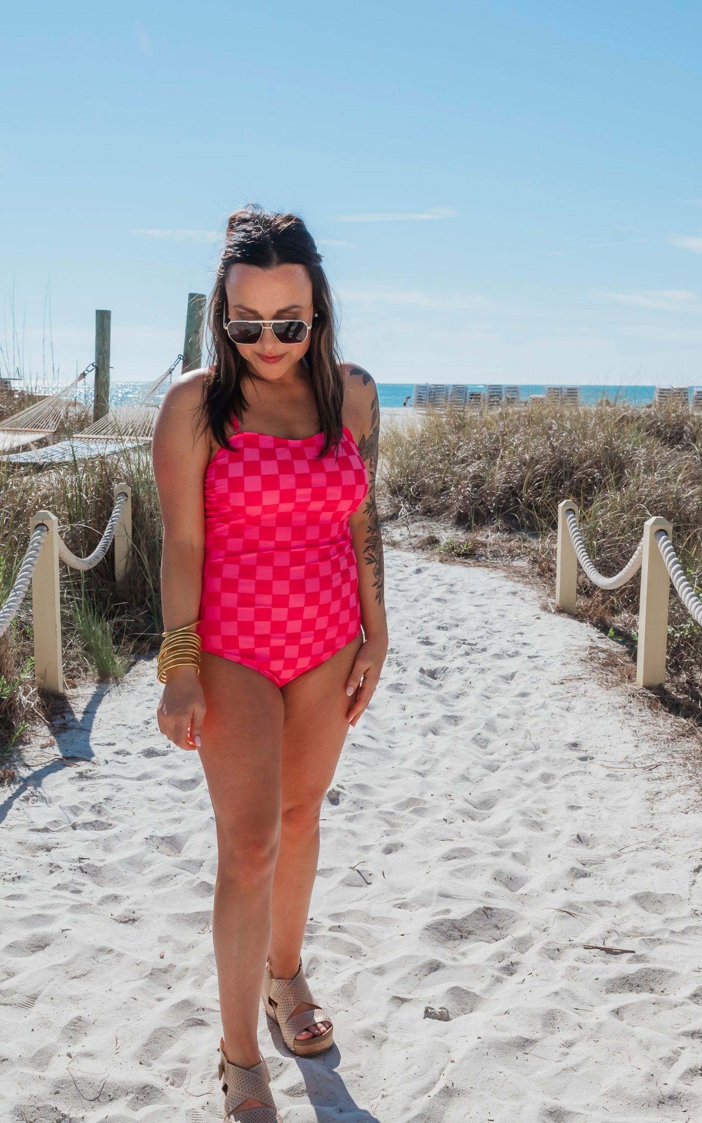 SALTY WAVE Hot Pink Checked One Piece Swimsuit