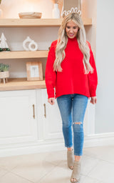 RED Ribbed Trim Mock Neck Sweater