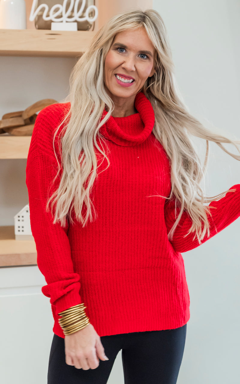 red Back Cutout Ribbed Turtleneck Sweater