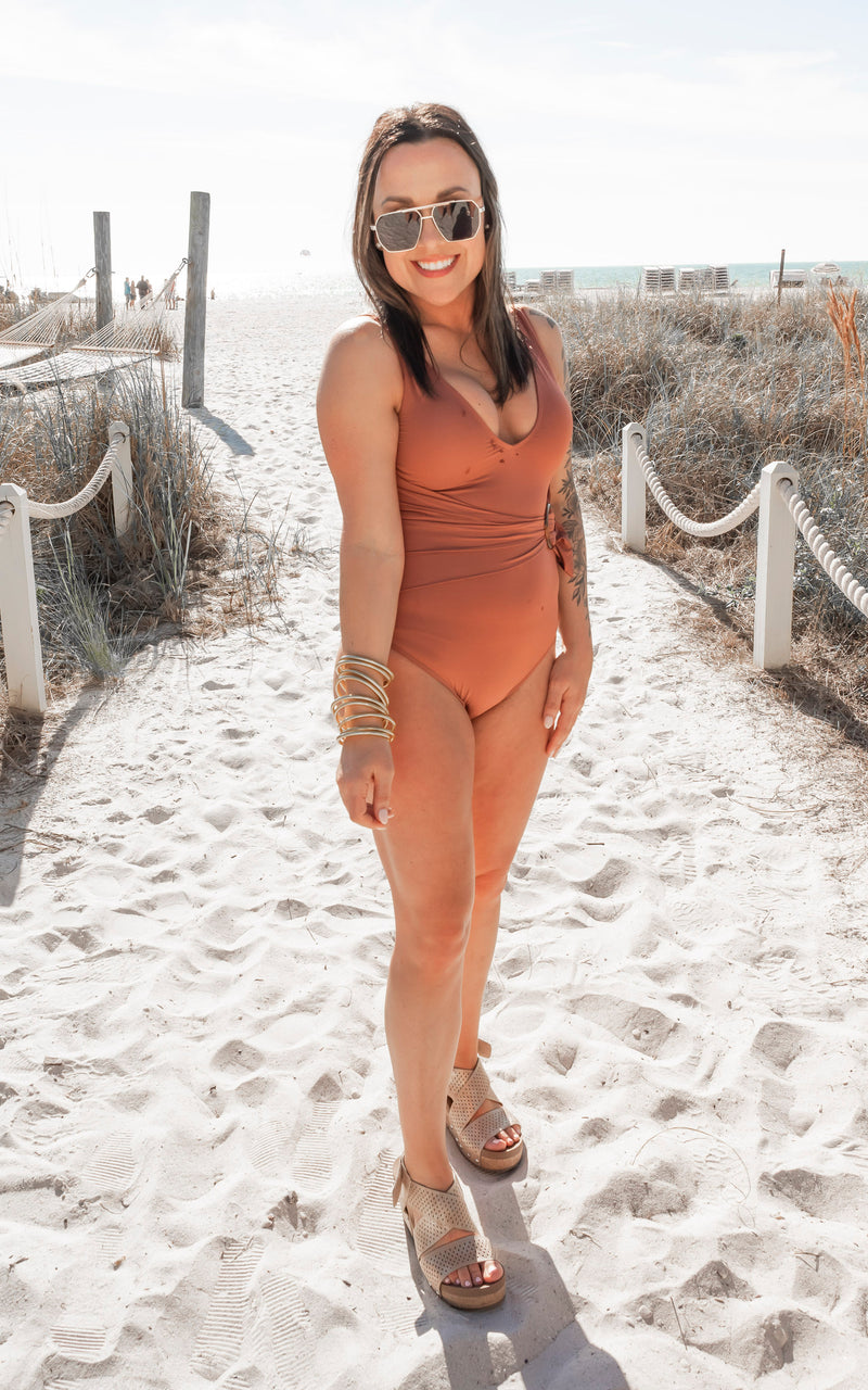 Rust One-Piece Swimsuit with Ring Belt Detail