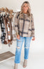 Taupe Plaid Button Front Long Sleeve Top