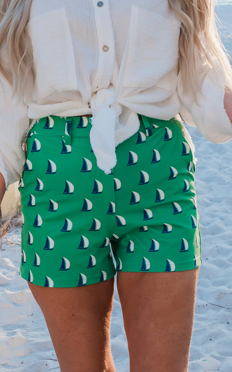 Kelly Green Sailboat Perfect Everyday Chino Shorts by Salty Wave _ START SHIP DATE: MARCH 5TH