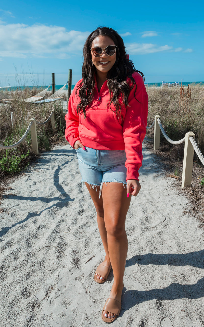 The Ava Bright Coral 1/2 Zip Mock Neck Sweatshirt by Salty Wave 