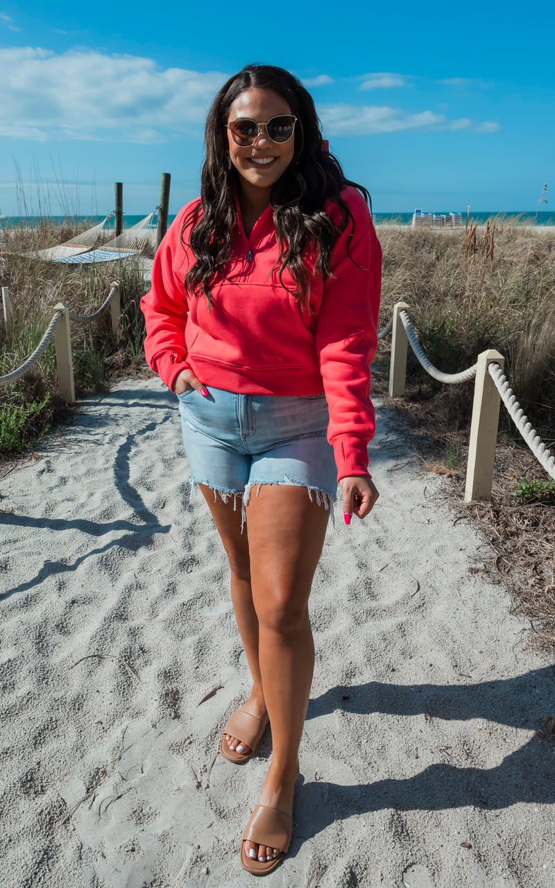 The Ava Bright Coral 1/2 Zip Mock Neck Sweatshirt by Salty Wave 
