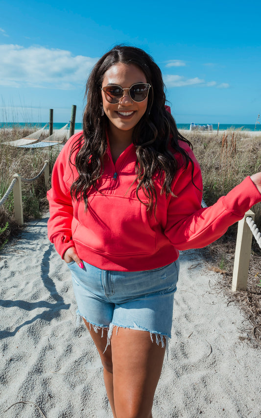 The Ava Bright Coral 1/2 Zip Mock Neck Sweatshirt by Salty Wave 