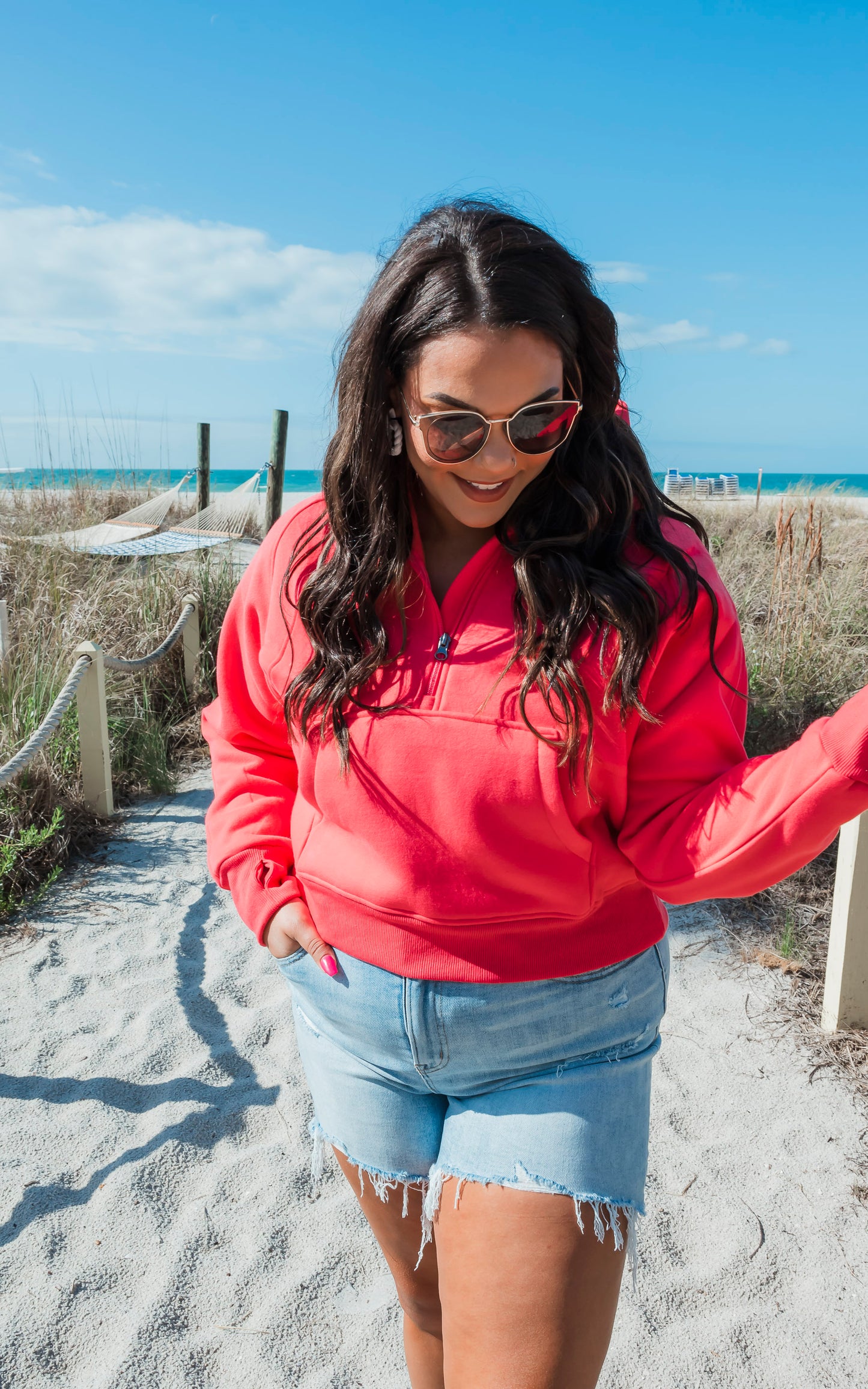 The Ava Bright Coral 1/2 Zip Mock Neck Sweatshirt by Salty Wave 