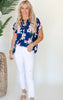 The Lizzy Floral Festival Short Sleeve Navy Blouse Top