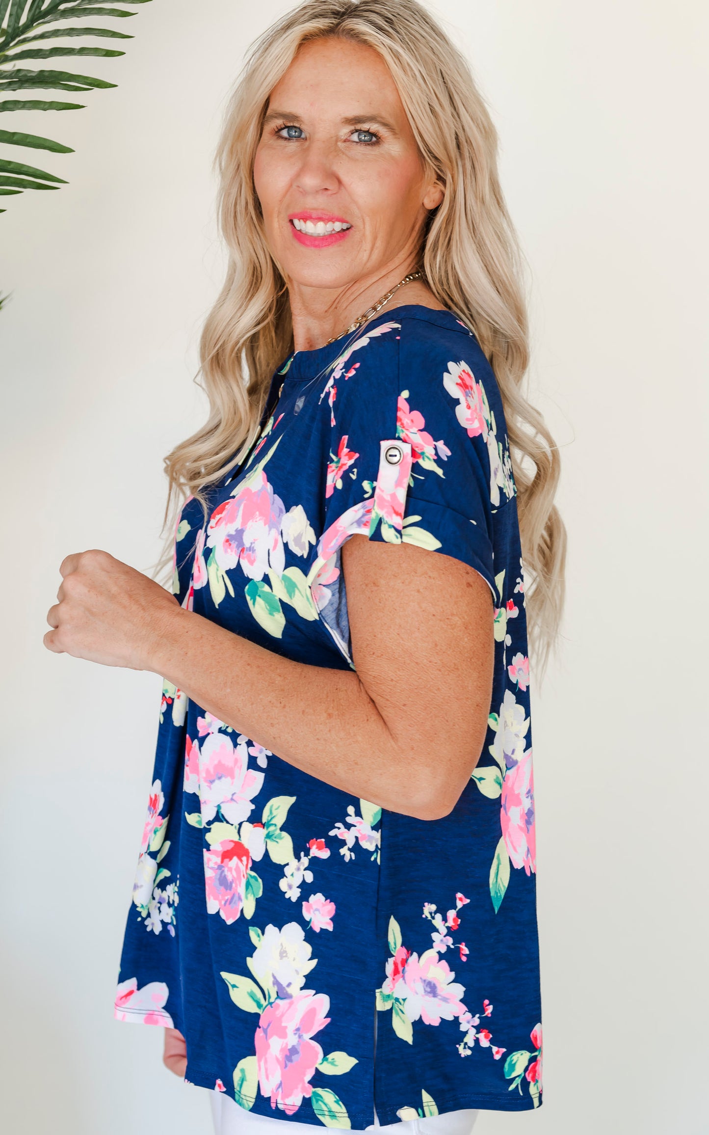 The Lizzy Floral Festival Short Sleeve Navy Blouse Top