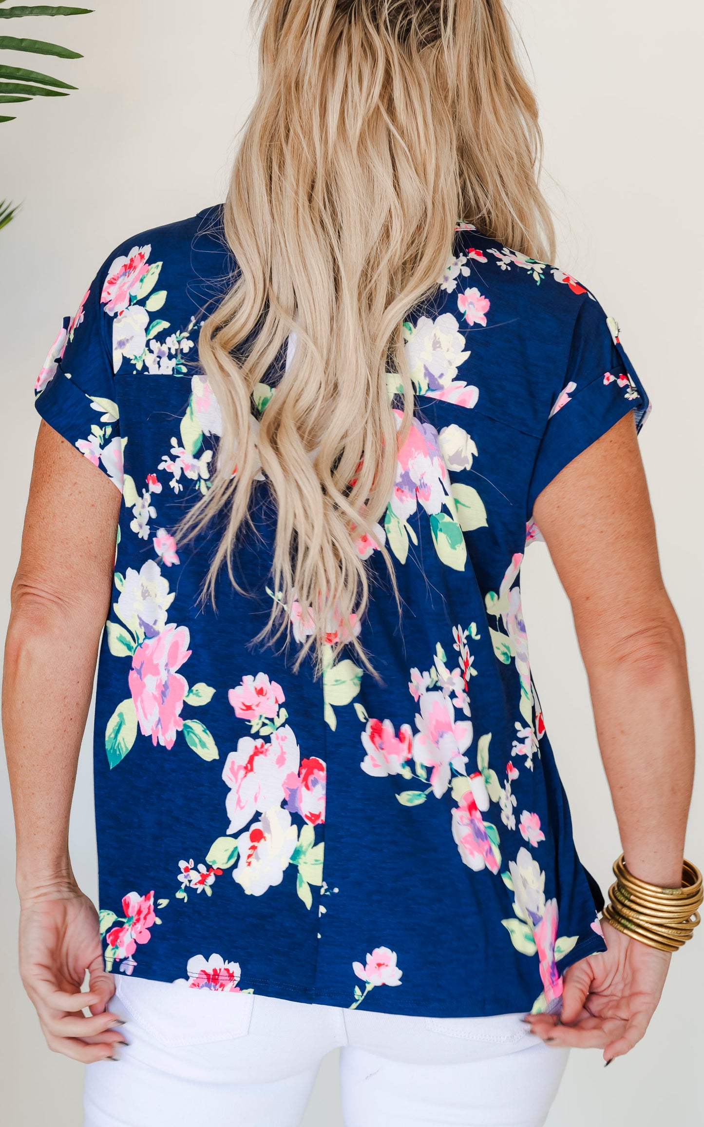 The Lizzy Floral Festival Short Sleeve Navy Blouse Top