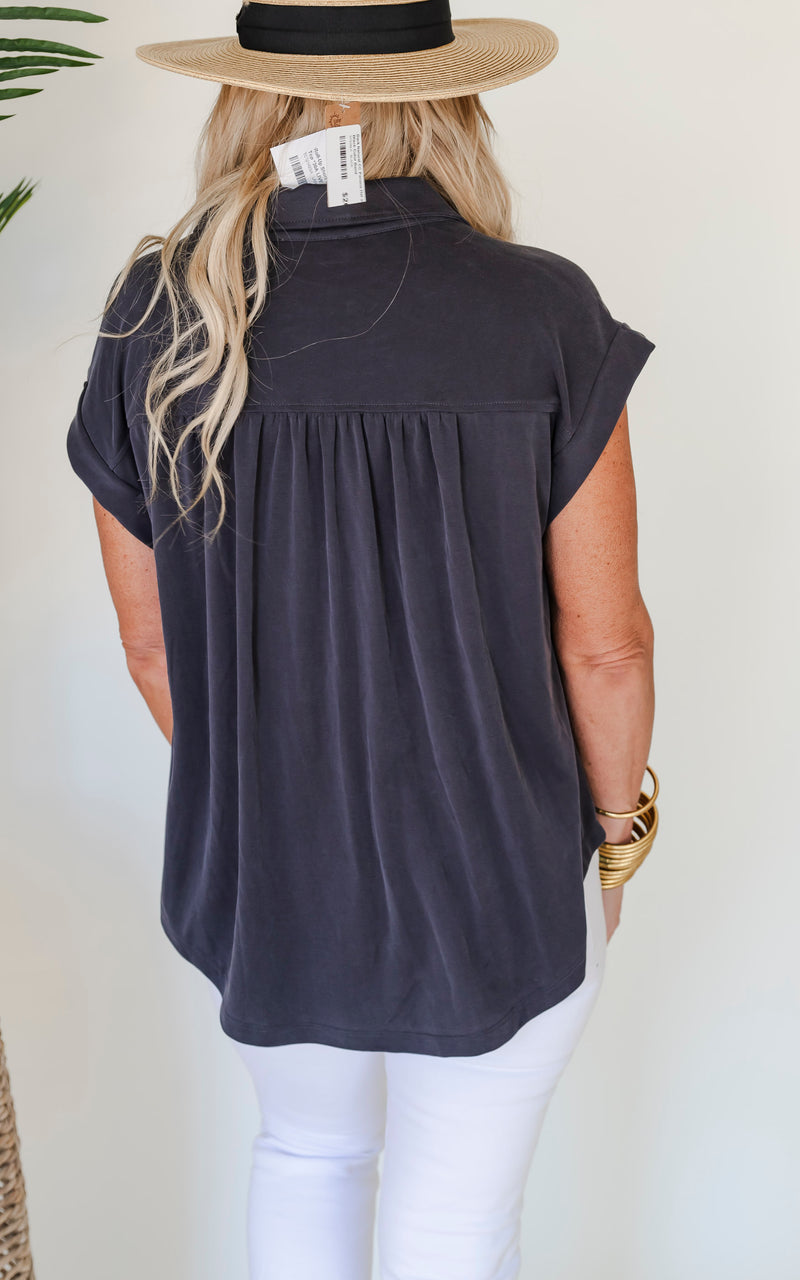 Roll-Up Short Sleeve Basic Collared Top