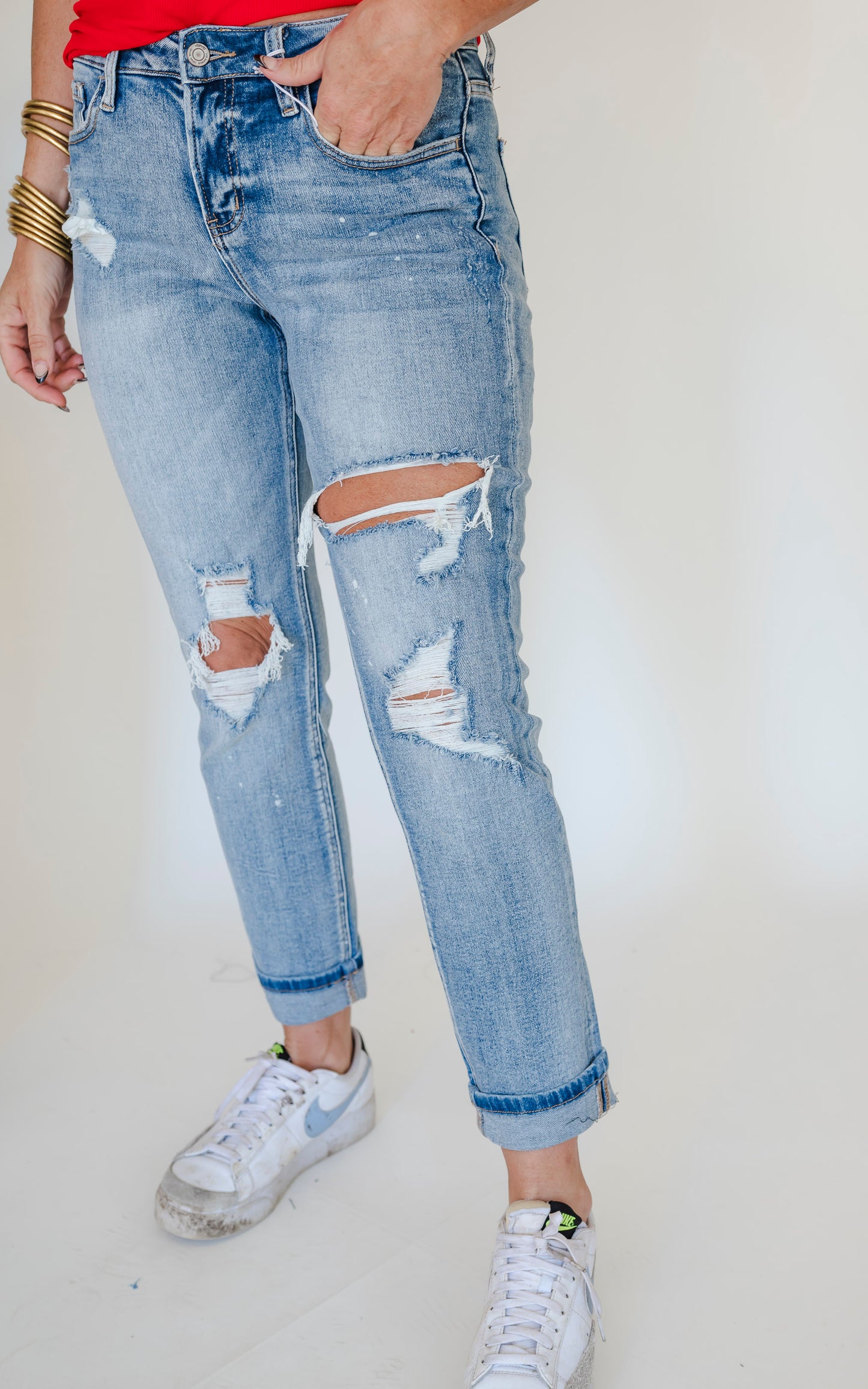 VERVET | Glamourous High Rise Cuffed Distressed Paint Boyfriend Denim Jeans