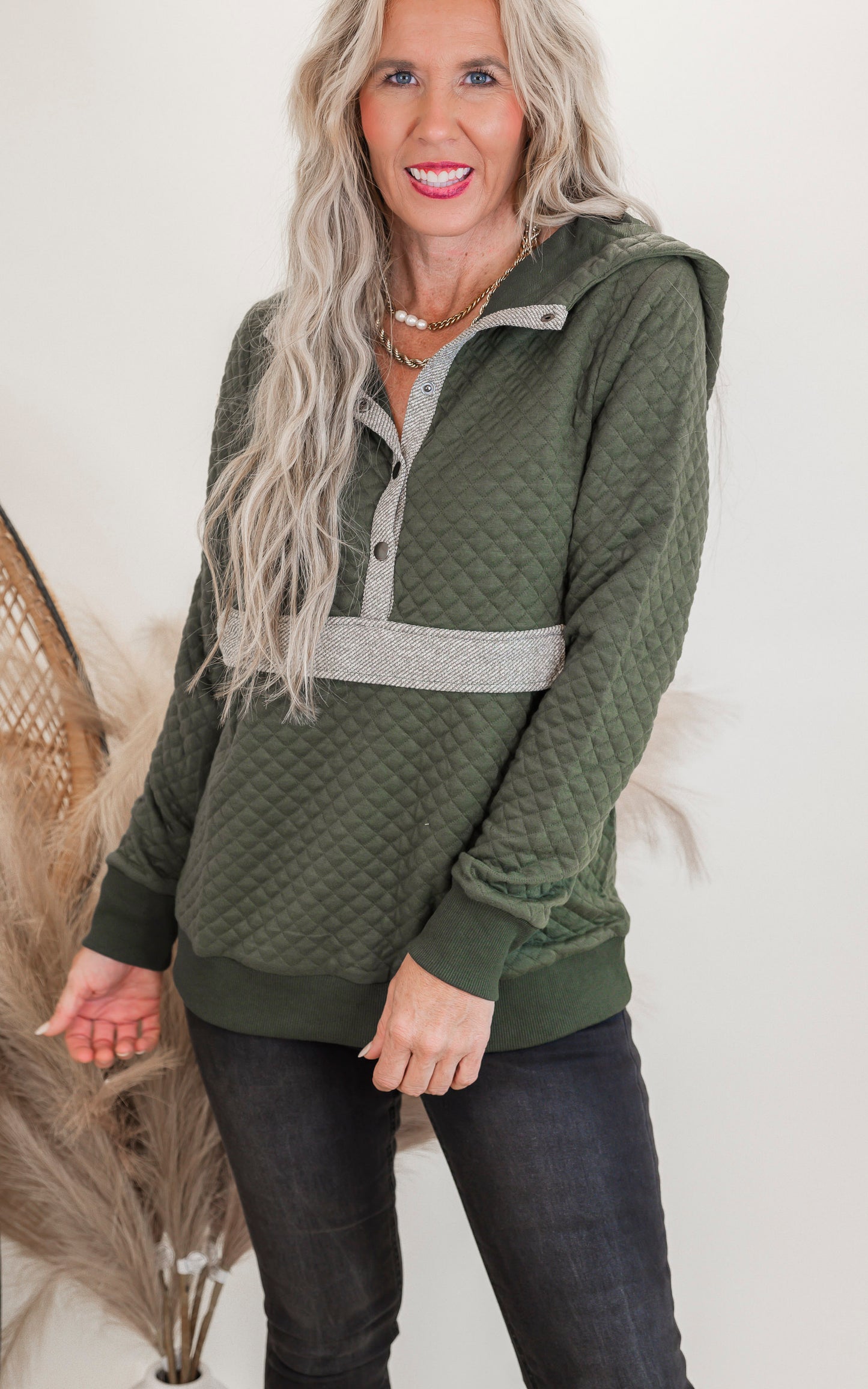 Olive Quilted Hoodie Top