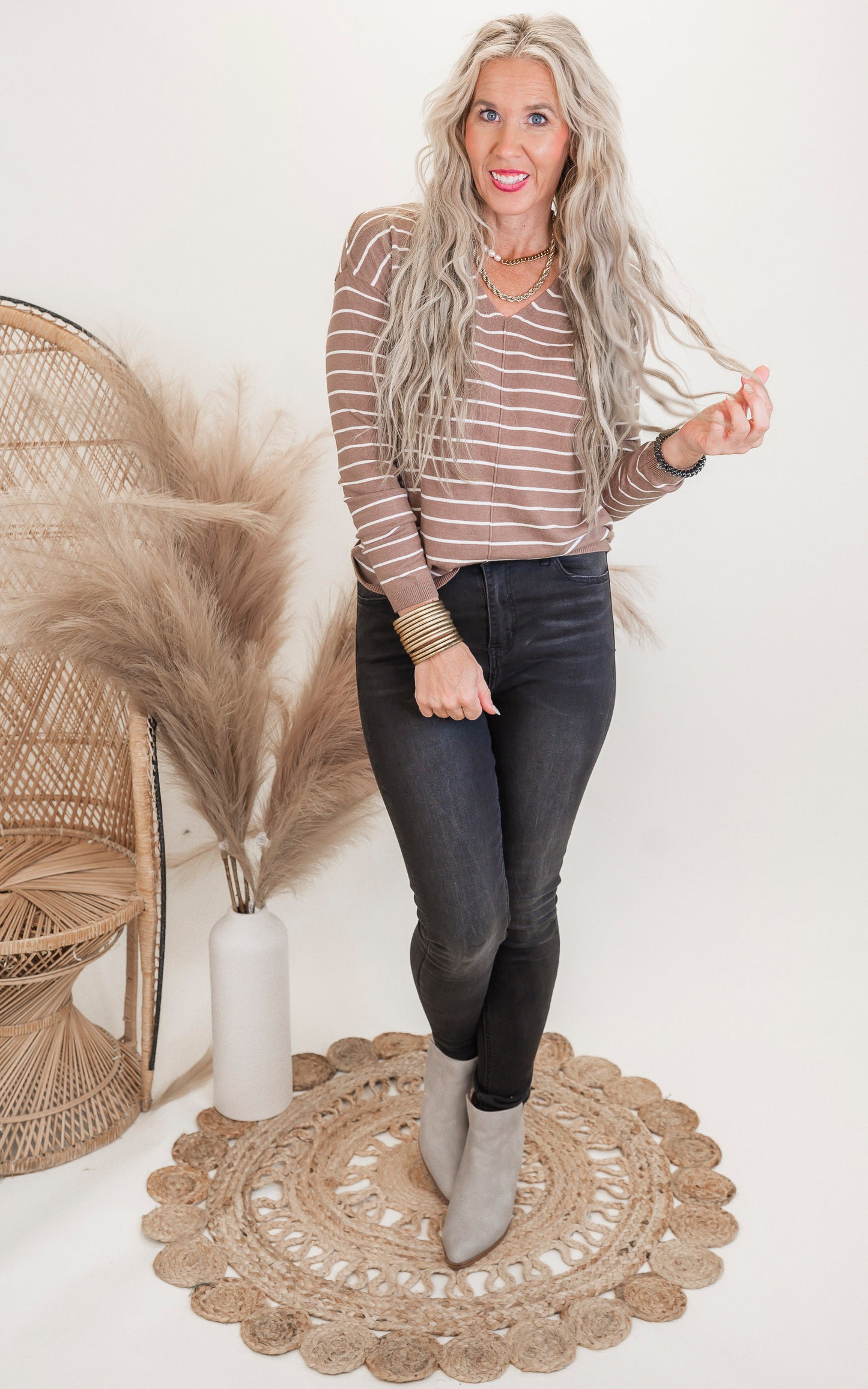 Mocha Striped V-Neck Sweater