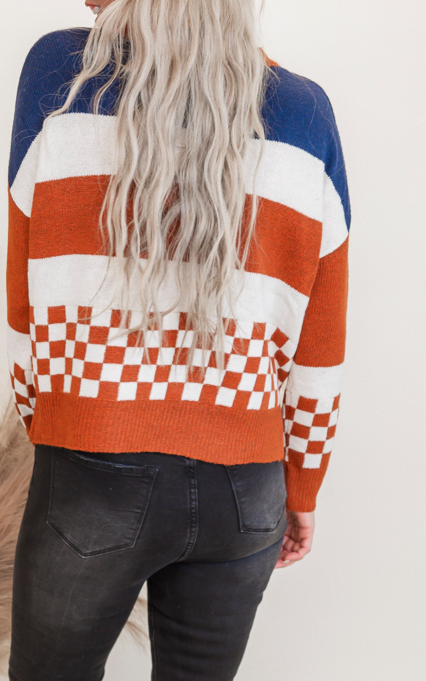 Navy Colorblock Checkerboard Sweater