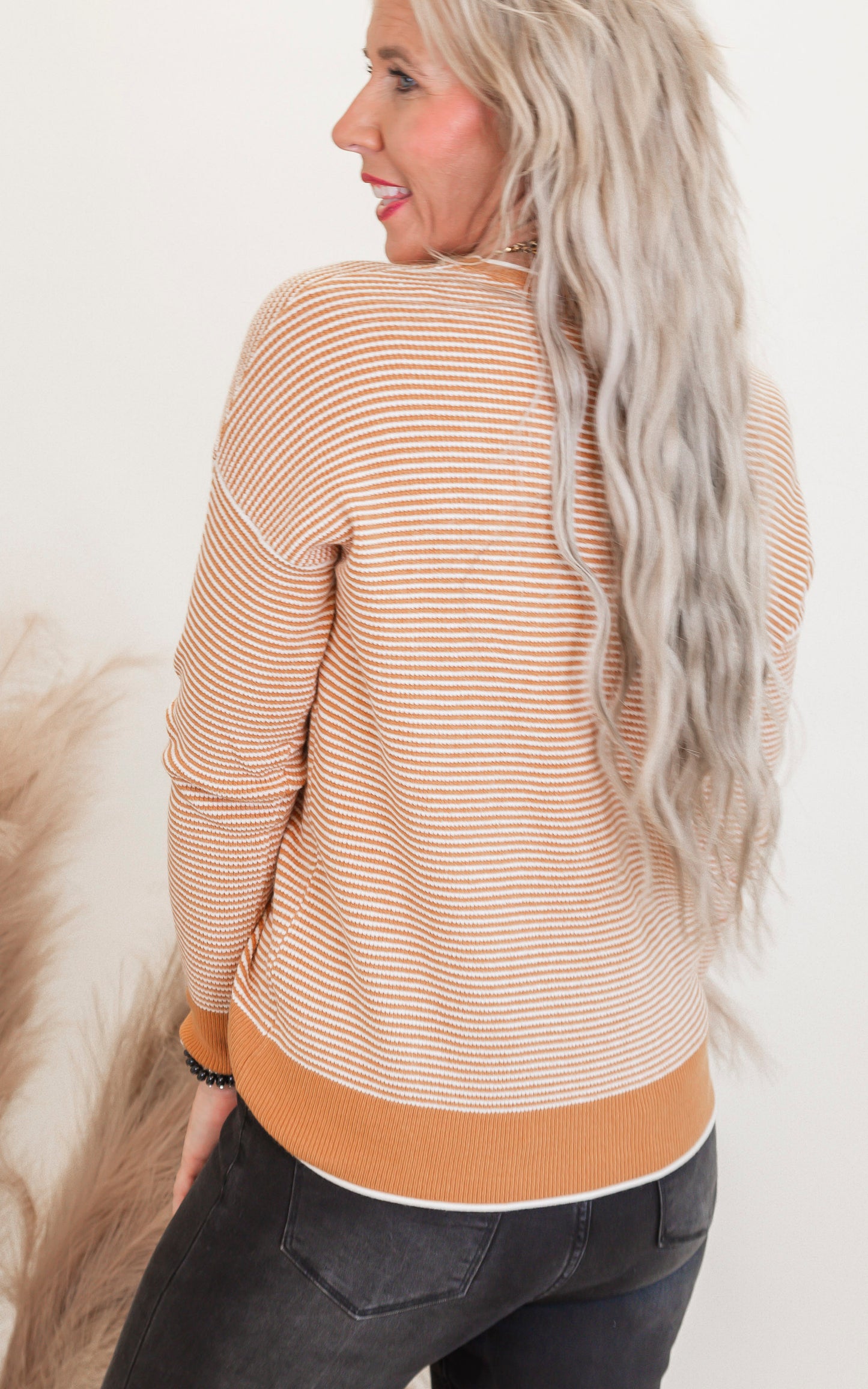 Marigold Waffle Textured Long Sleeve Sweater Top