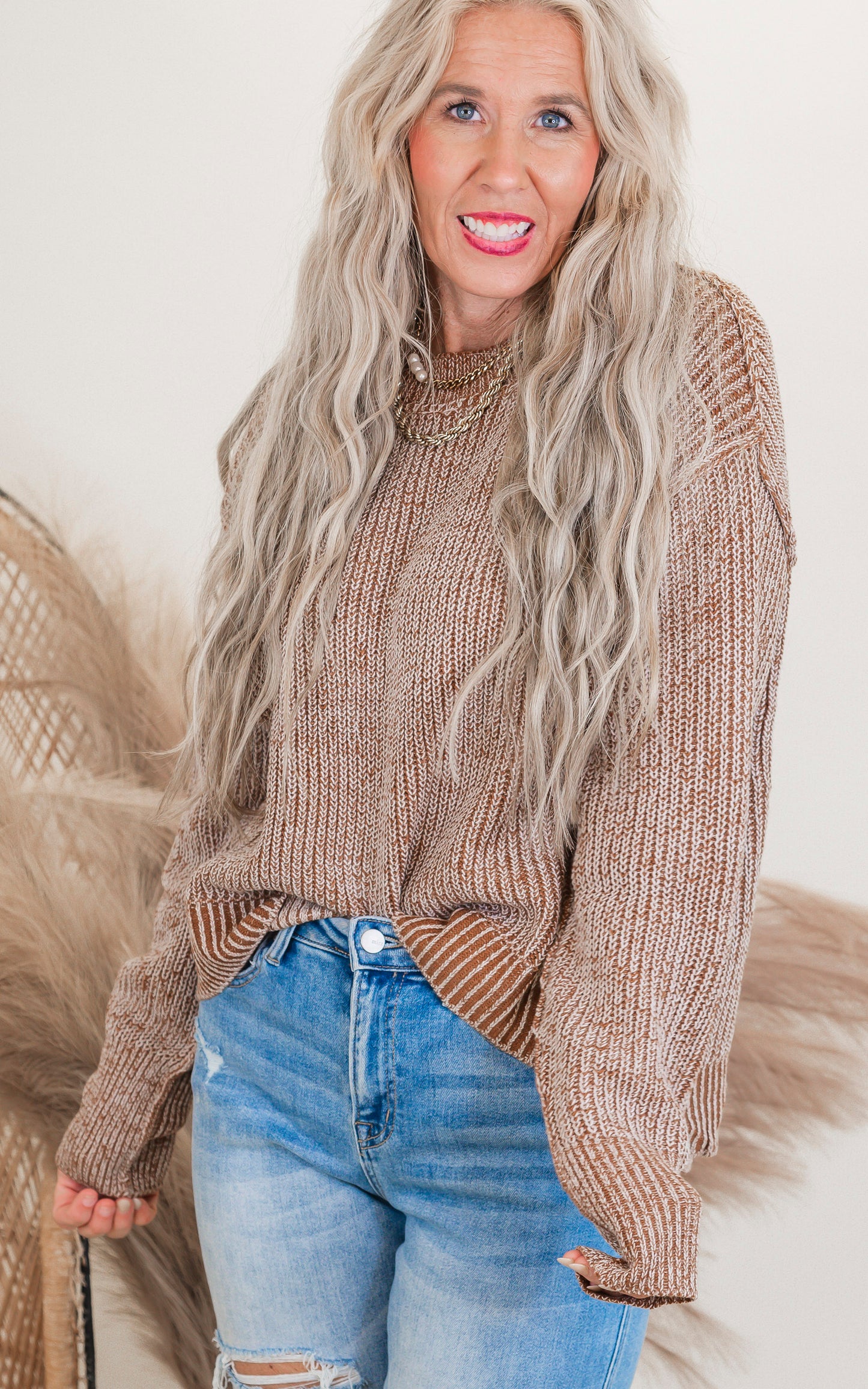 Brown Long Sleeve Solid Knit Sweater