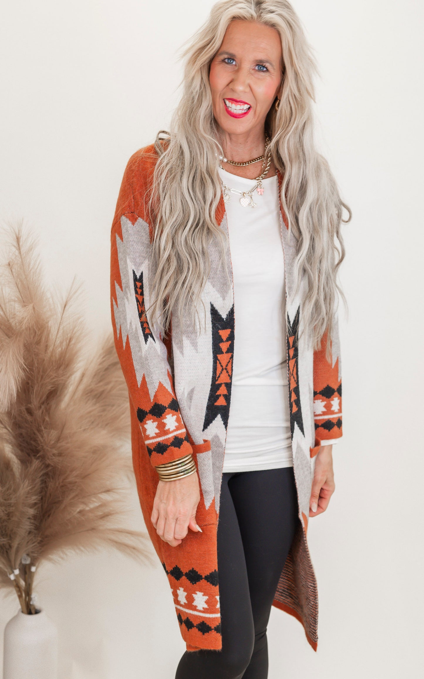 Rust Tribal Geometric Print Long Cardigan