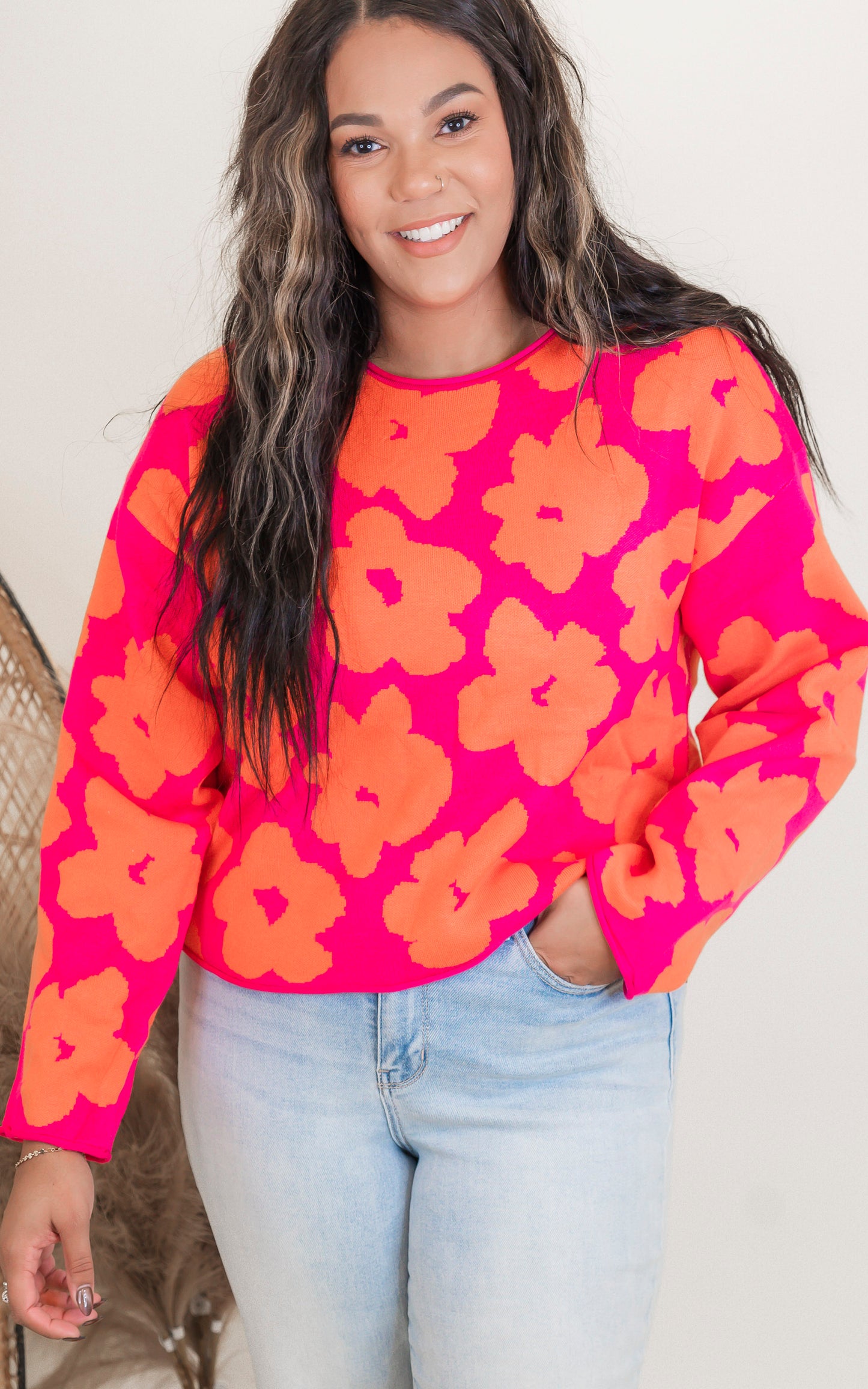 Floral Jacquard Relaxed Cropped Sweater