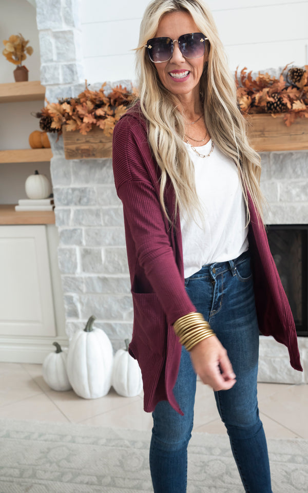 Solid Ribbed Hooded Cardigan