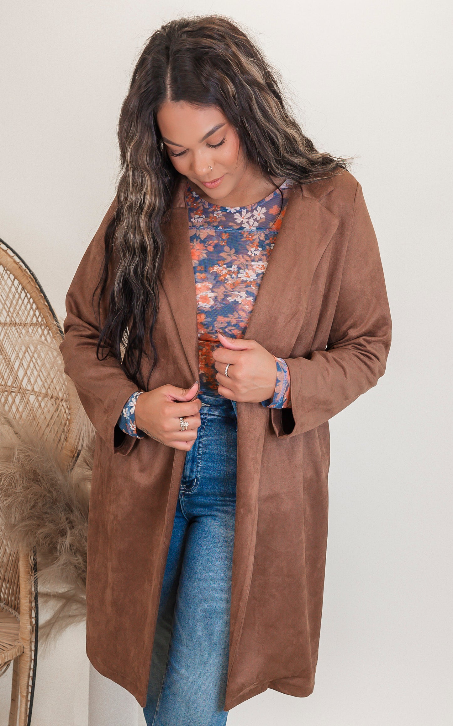 Long Suede Lapel Coat