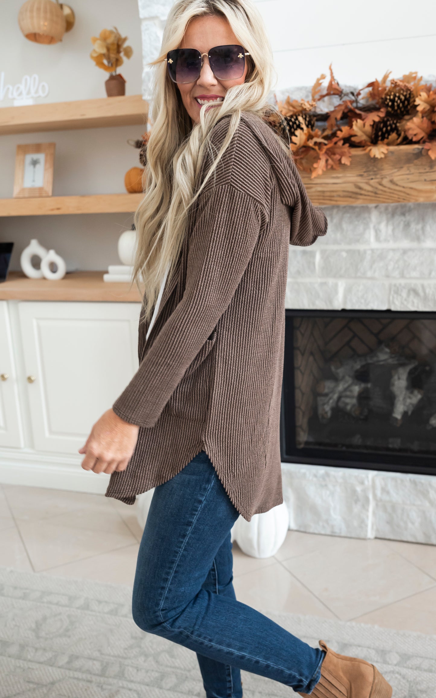 Solid Ribbed Hooded Cardigan