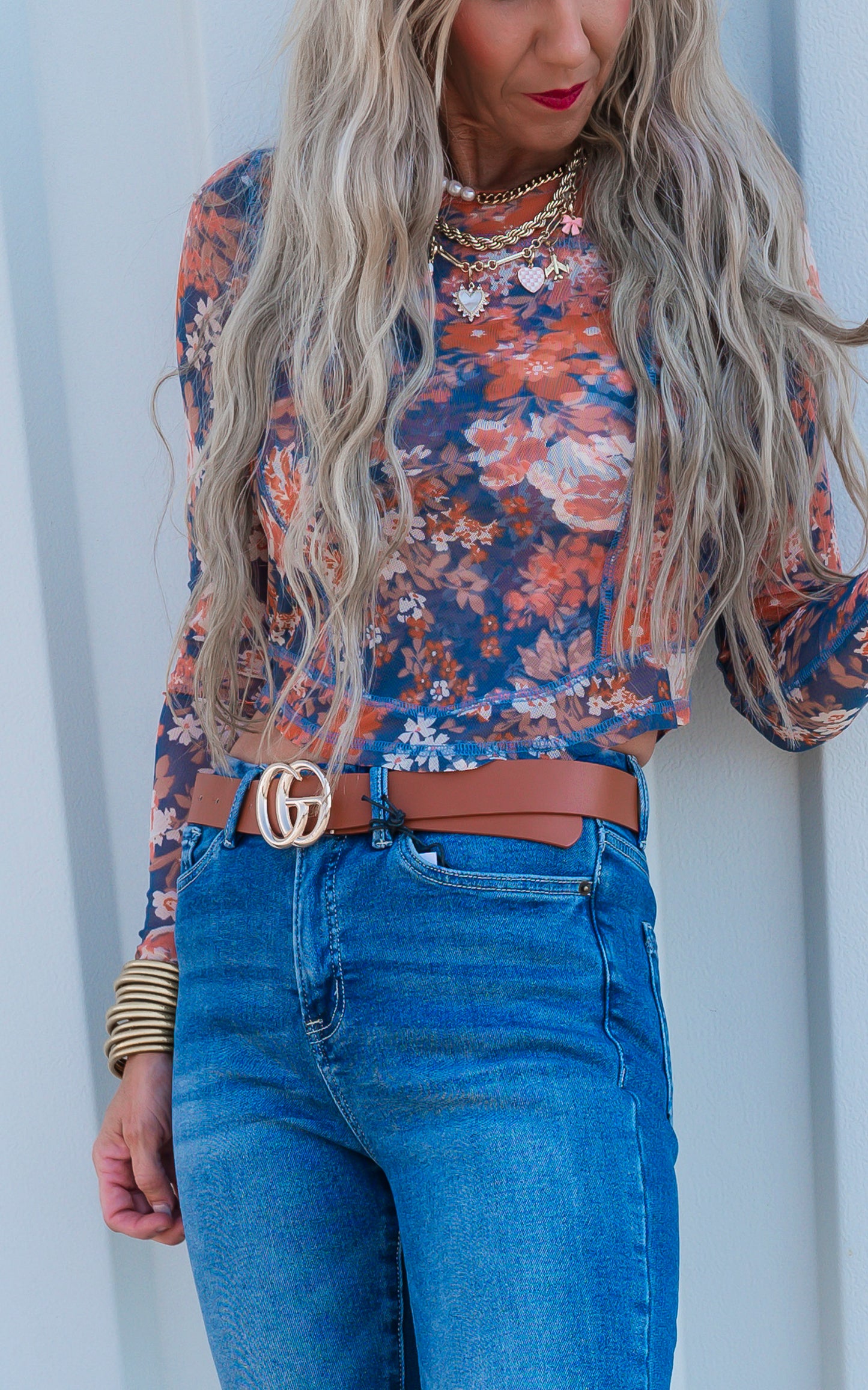 Floral Print Mesh Fitted Long Sleeve Top