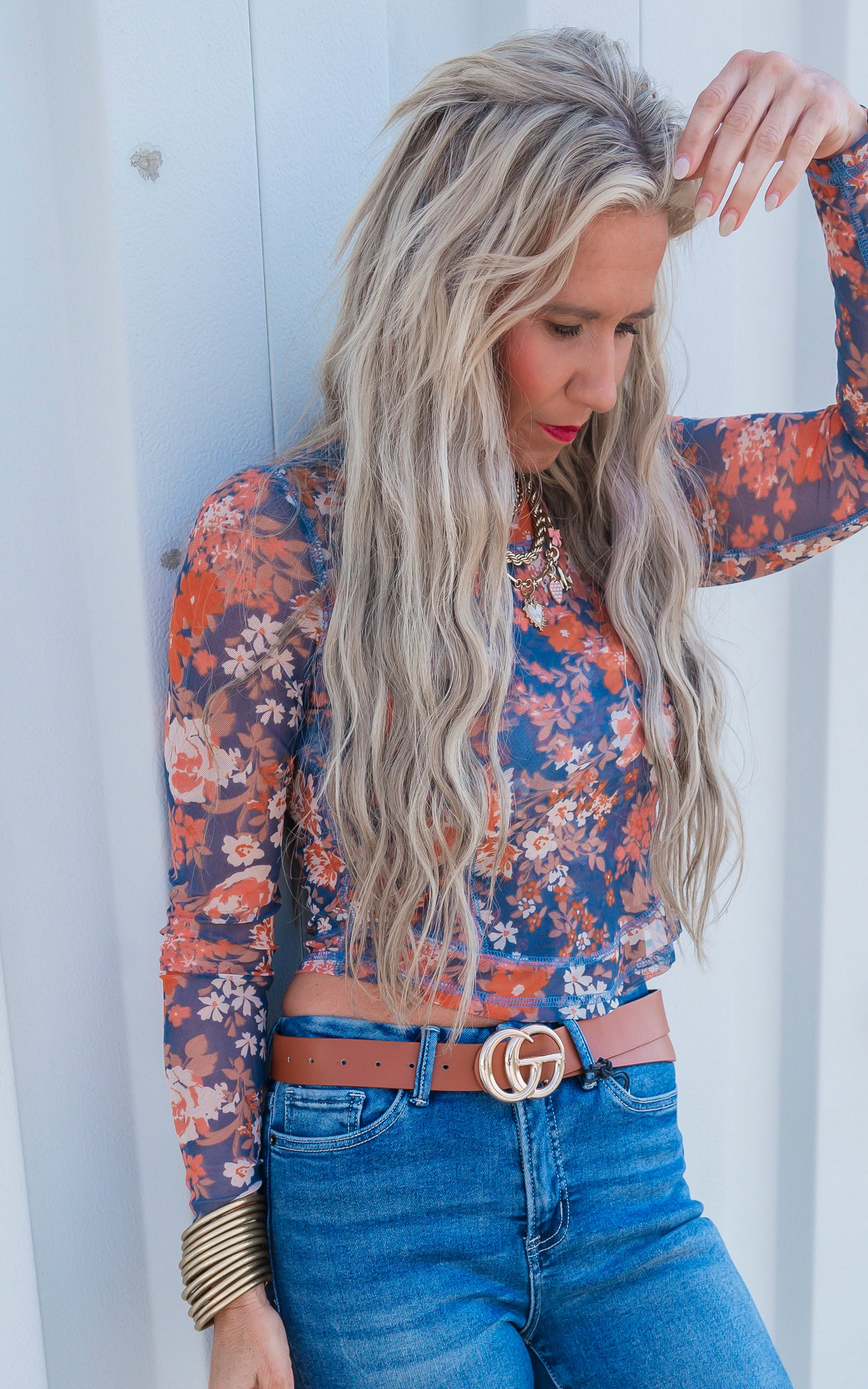 Floral Print Mesh Fitted Long Sleeve Top