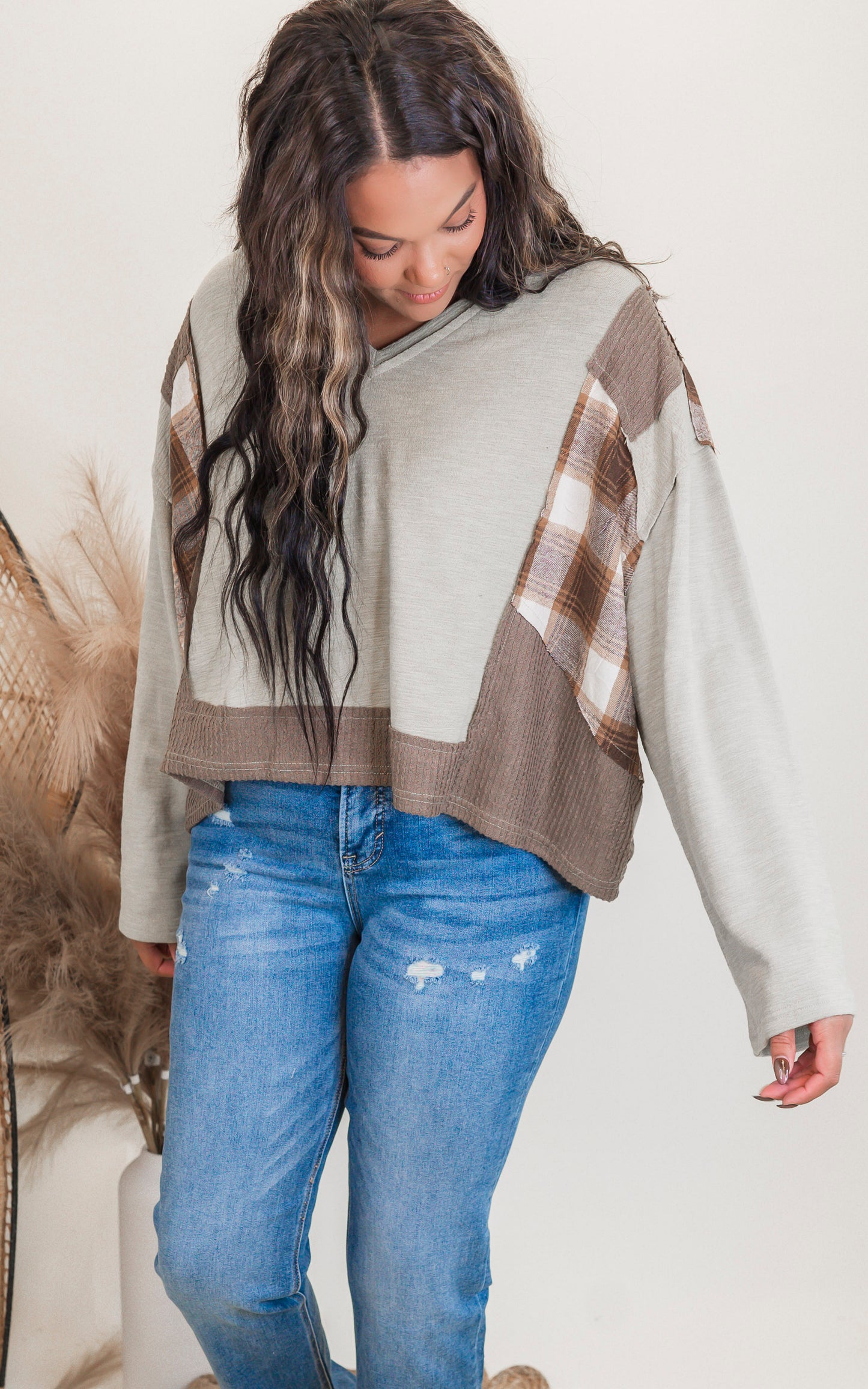 Olive Plaid Contrast V-Neck Long Sleeve Top | POL