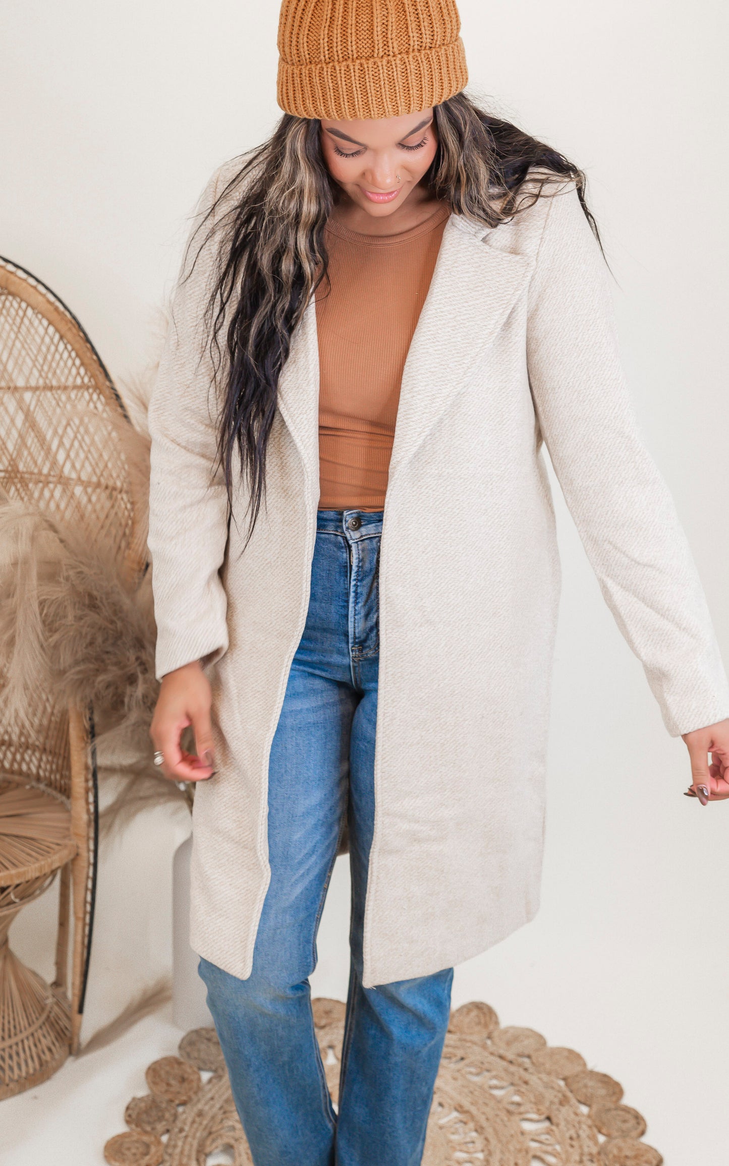 Herringbone Wool Blend Open Front Coat