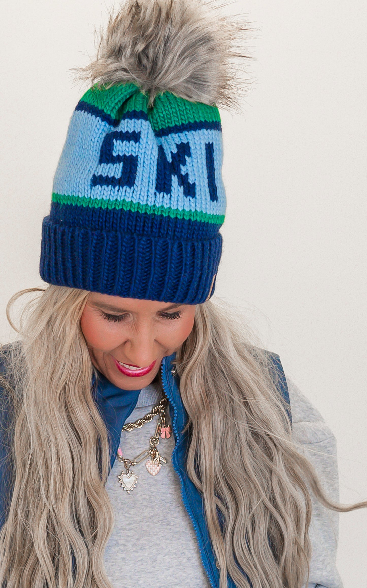 Green, Lt. Blue & Navy Ski Pom Hat