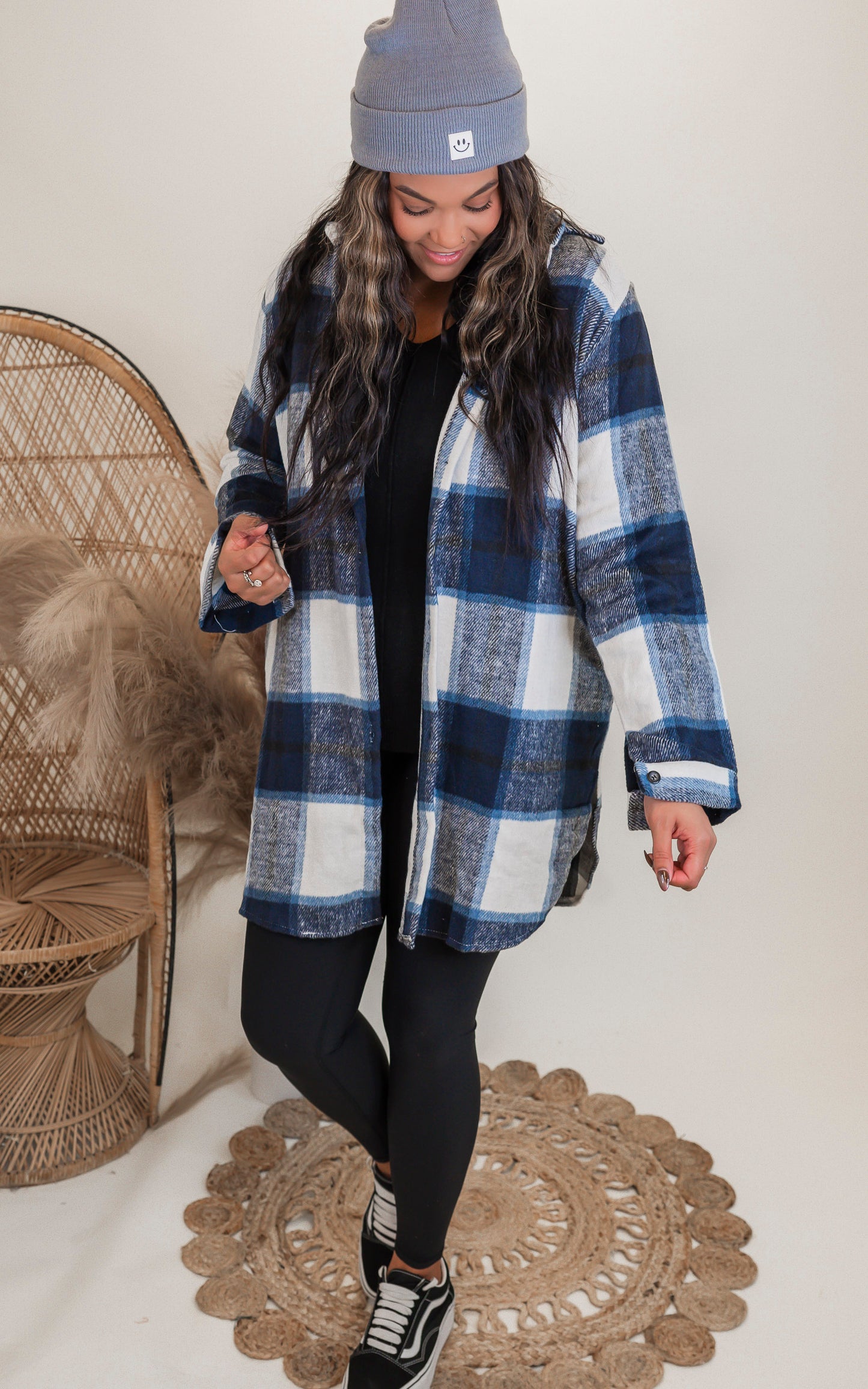 Navy Checked Long Plaid Shacket