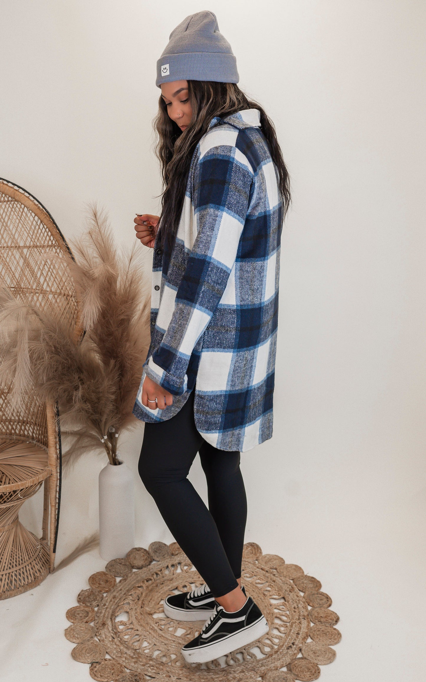 Navy Checked Long Plaid Shacket