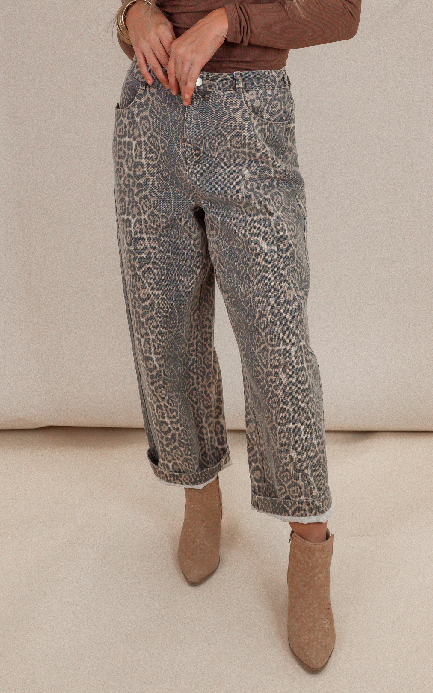 Tan Animal Print Twill Pants