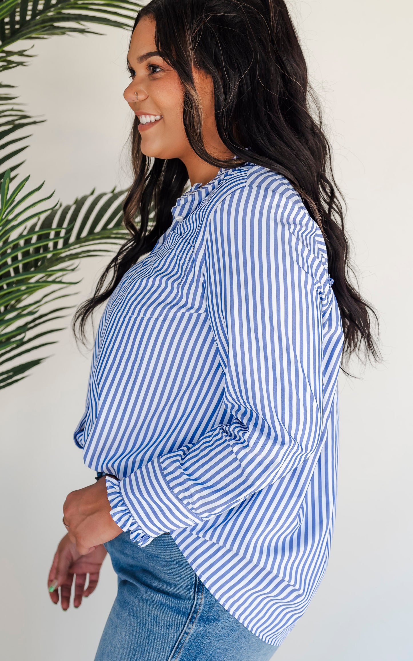 Down by the Boardwalk Striped Ruffle Button Down Shirt - Final Sale