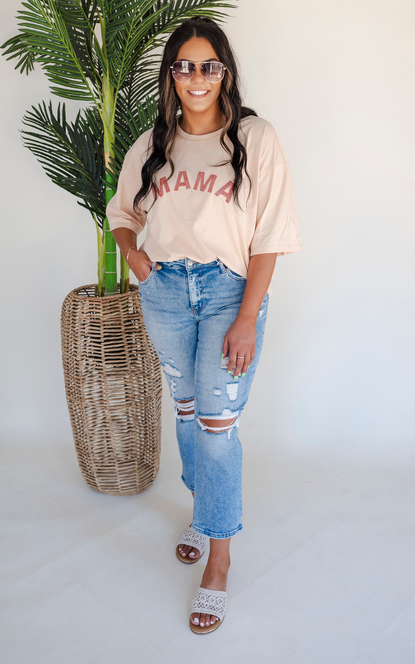 Mama Colored Stone Embellished Oversized Tee - Final Sale