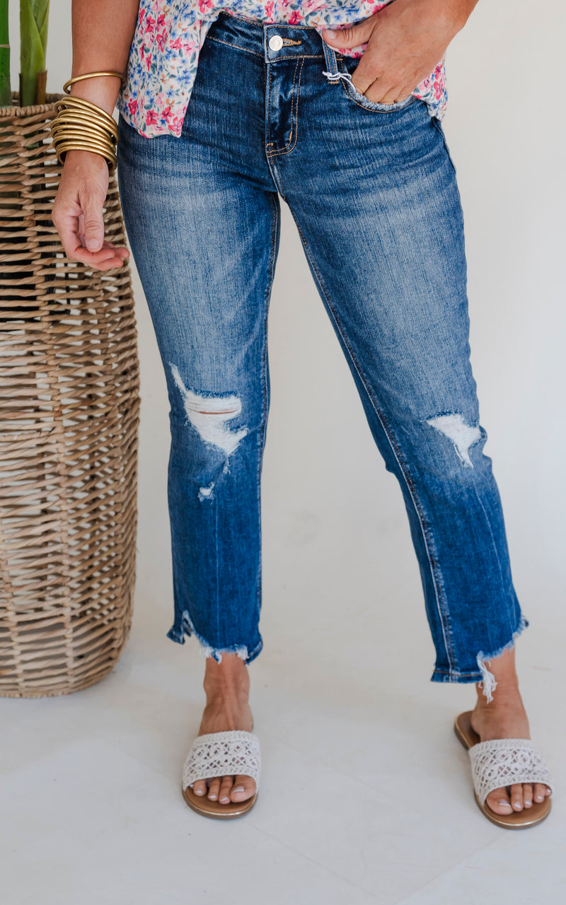 LOVERVET|Spellbound Mid Rise Slant Step Crop Flare Denim Jeans (REG/CURVY)