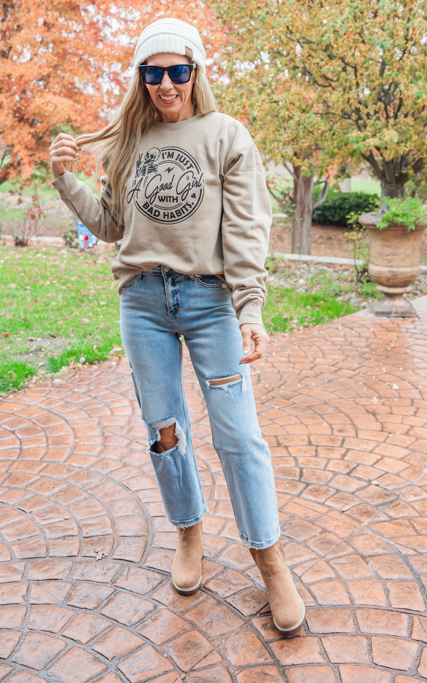 Good Girl with Bad Habits Crewneck Sweatshirt - Sandstone**