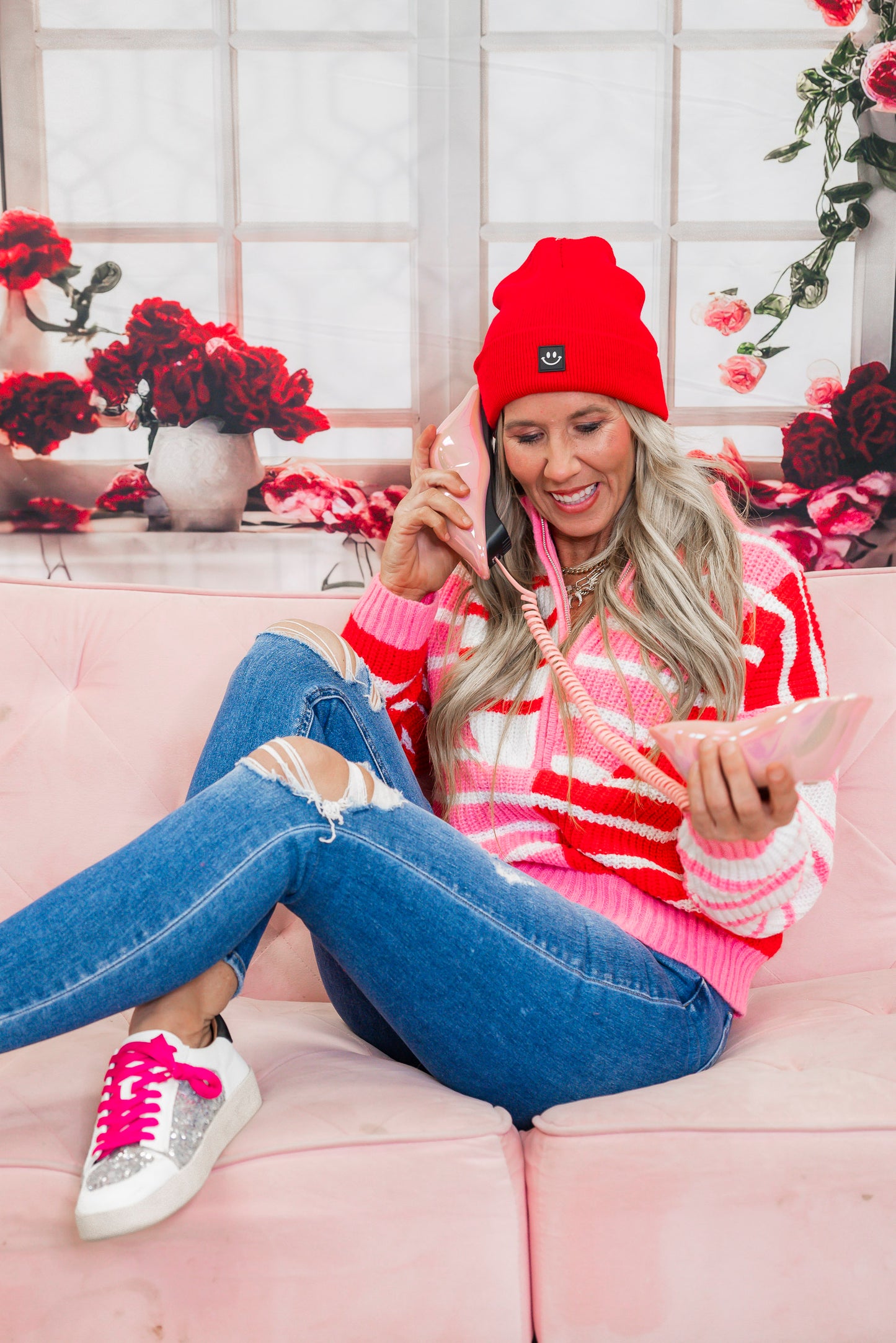 Sweetheart Stripe Half Zip Cropped Sweater