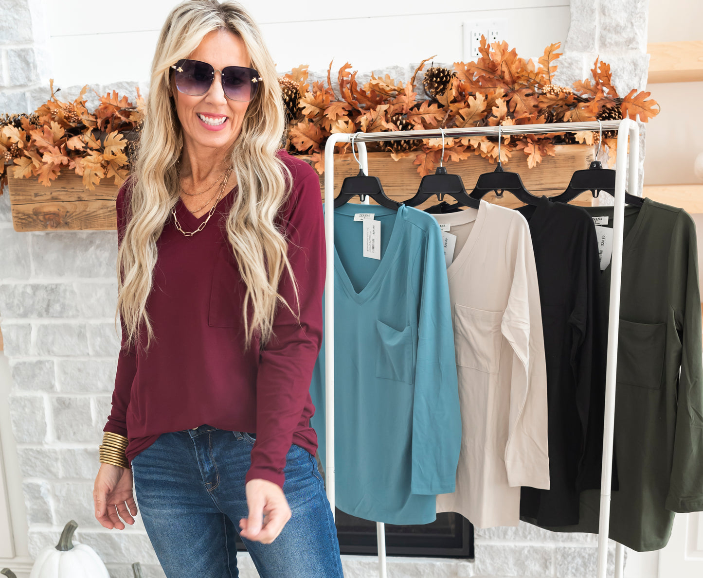 Brushed Microfiber V-Neck Long Sleeve Top w/ Pockets