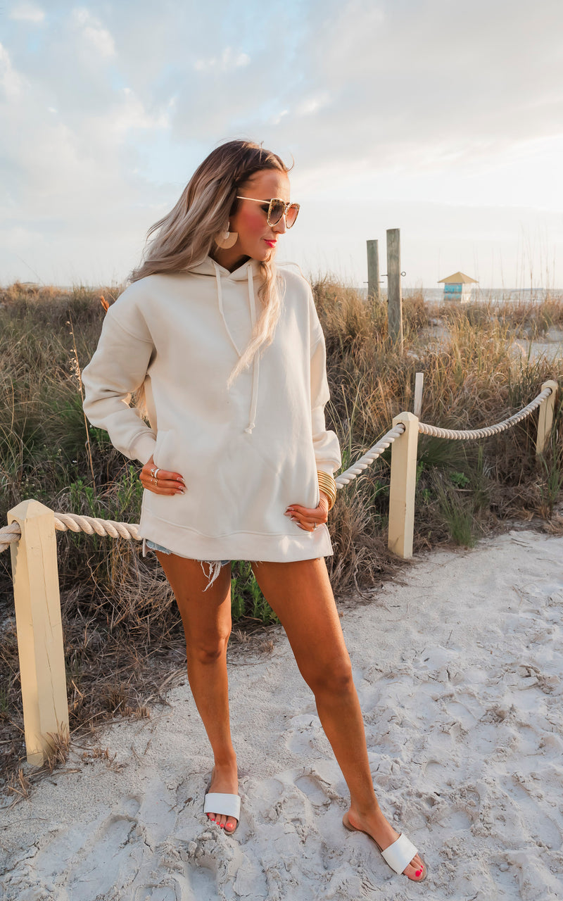 Cream All Day Fleece Side Slit Hoodie by Salty Wave