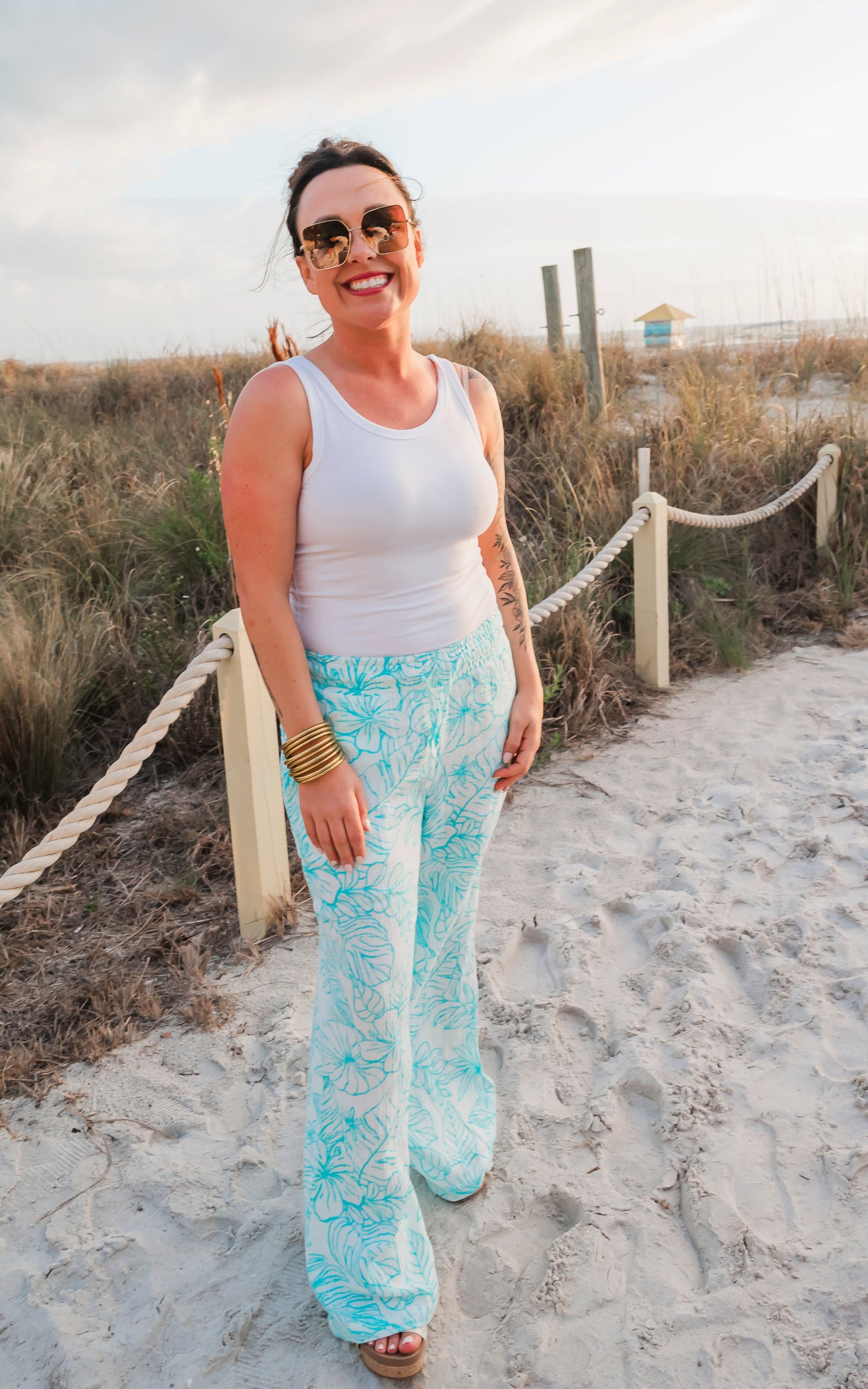 Teal Green Printed Gauze Pant - Final Sale