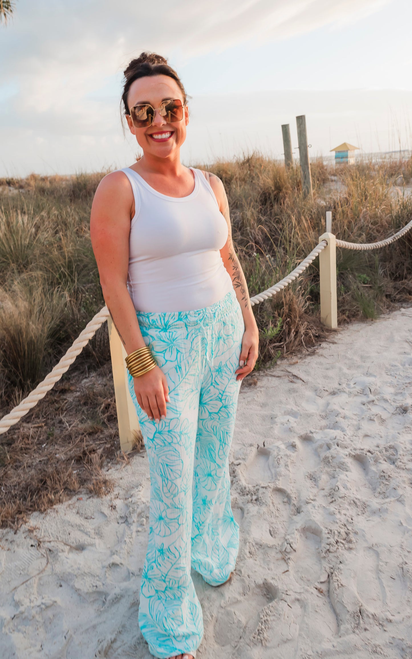 Teal Green Printed Gauze Pant - Final Sale