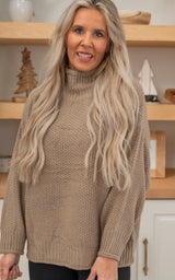 Taupe Mock Neck Cable Knit Sweater