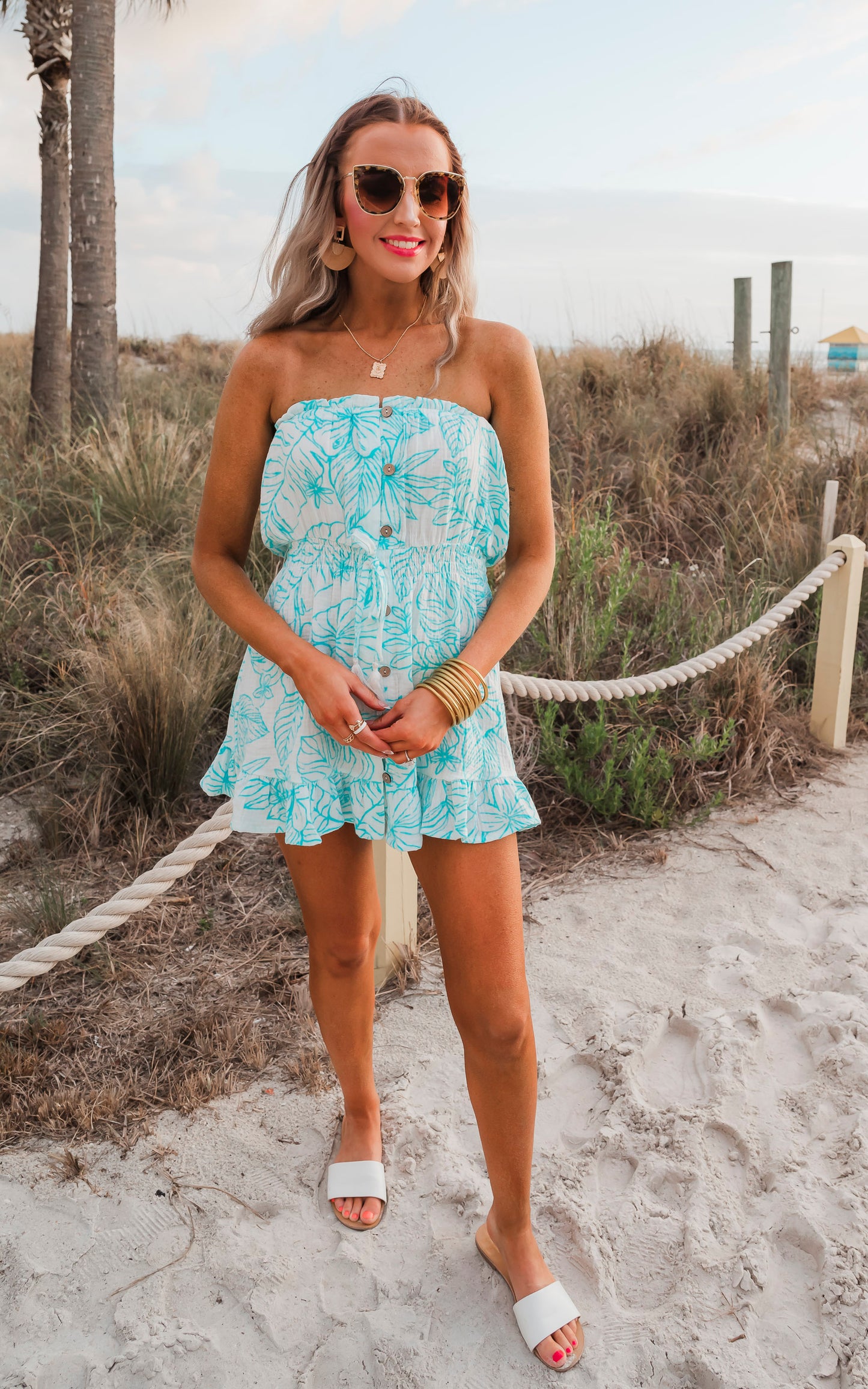 Teal Green Printed Gauze Strapless Dress - Final Sale